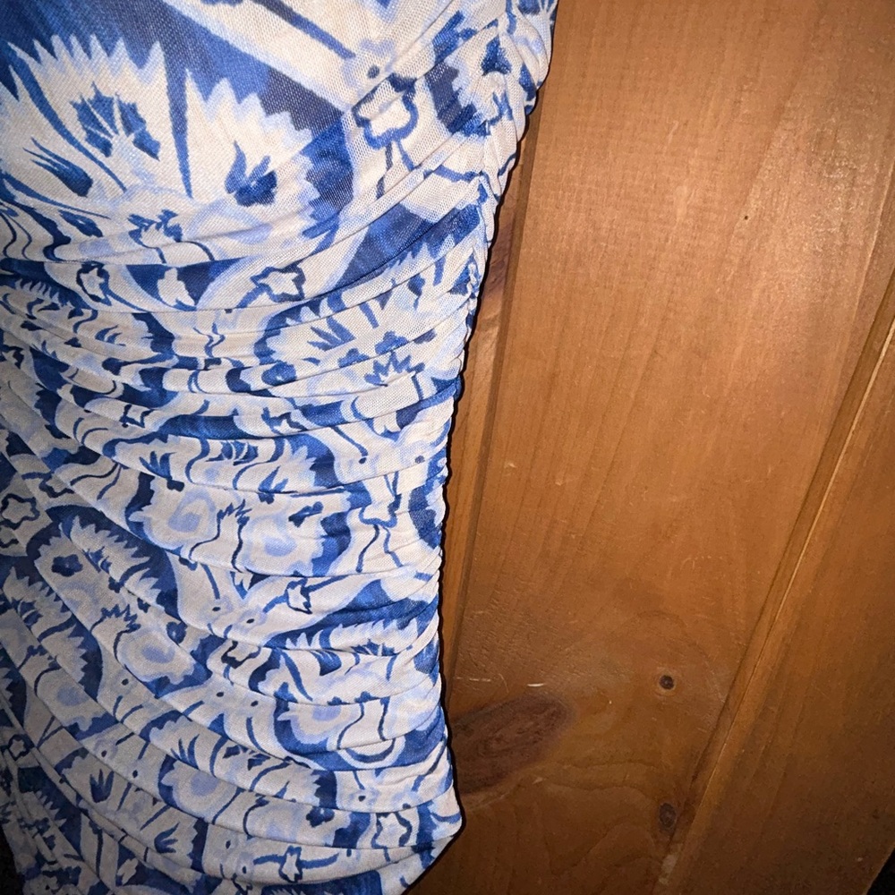 Floral Cream & Blue One Shoulder Super Stretch Bodycon Dress - Picture 7 of 8